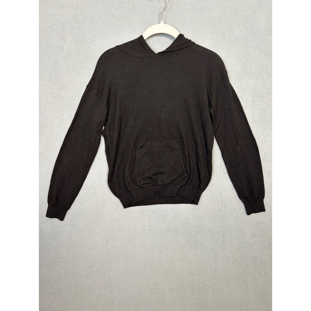 Kids Black Knit Hoodie Sweater with Front Pocket Long Sleeve Pullover